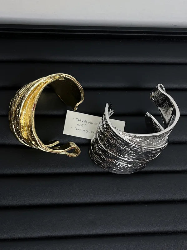 Vintage Irregular Metal Texture Wide Open Bracelets Bangles For Women Gold-plated Exaggerated Chunky Adjustable Jewelry