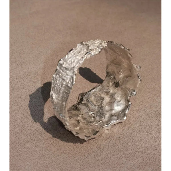 Minority pure handmade silver irregular wide-face heavy texture bracelet